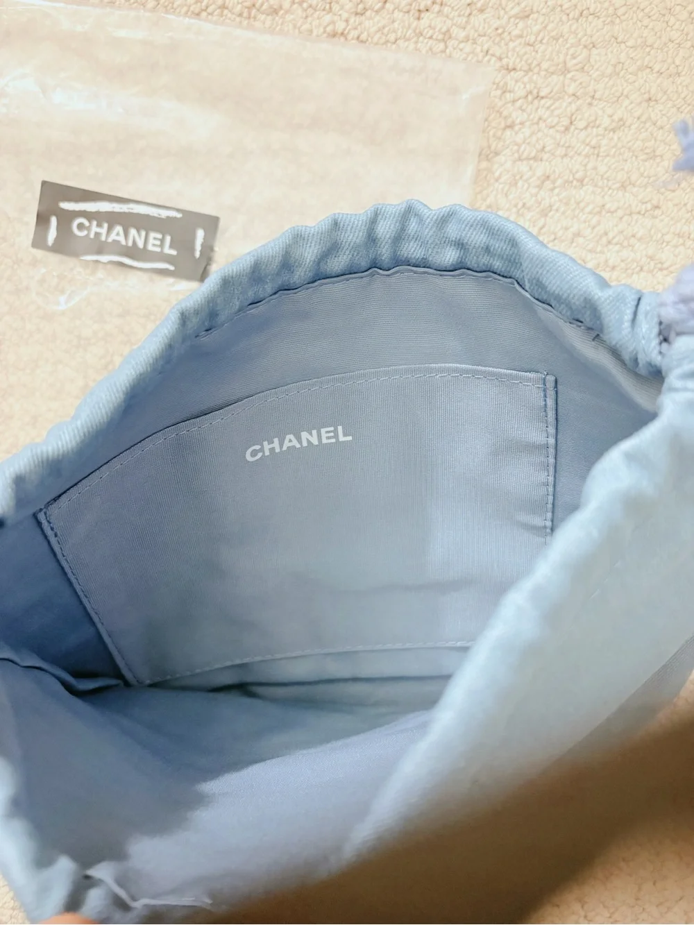 CHANEL Makeup Bag/ Light Blue Drawstring Cosmetic Pouch